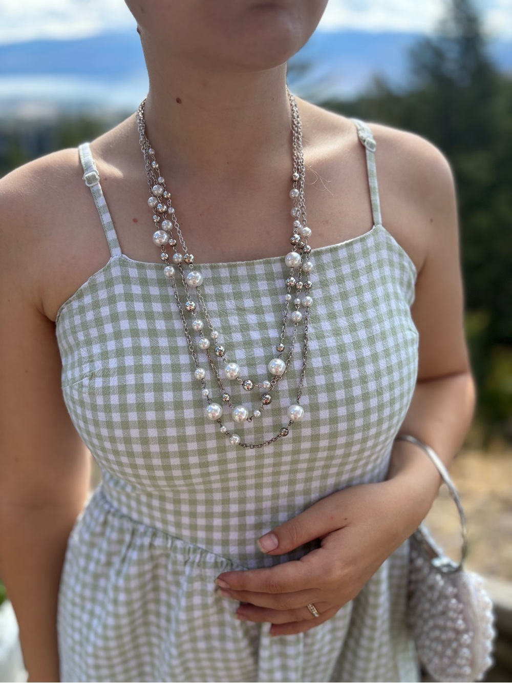 Ladies 90s Faux Beaded Long Silver Beads Necklace